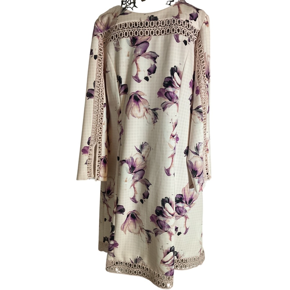 Alfani‎ Women 12 Floral Print Lace Trim Shift Dress Pink Purple Long Sleeve